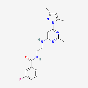 molecular formula C19H21FN6O B5506577 N-(2-{[6-(3,5-dimethyl-1H-pyrazol-1-yl)-2-methyl-4-pyrimidinyl]amino}ethyl)-3-fluorobenzamide 