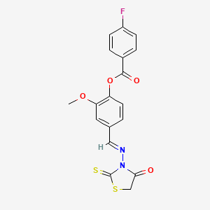 molecular formula C18H13FN2O4S2 B5508698 2-methoxy-4-{[(4-oxo-2-thioxo-1,3-thiazolidin-3-yl)imino]methyl}phenyl 4-fluorobenzoate 