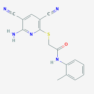 molecular formula C16H13N5OS B5509697 2-[(6-amino-3,5-dicyano-2-pyridinyl)thio]-N-(2-methylphenyl)acetamide 