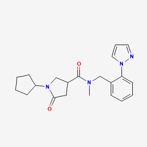 molecular formula C21H26N4O2 B5511352 1-cyclopentyl-N-methyl-5-oxo-N-[2-(1H-pyrazol-1-yl)benzyl]-3-pyrrolidinecarboxamide 