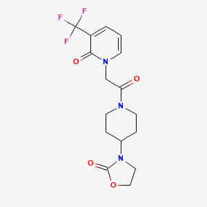 molecular formula C16H18F3N3O4 B5511754 1-{2-氧代-2-[4-(2-氧代-1,3-恶唑烷-3-基)哌啶-1-基]乙基}-3-(三氟甲基)吡啶-2(1H)-酮 