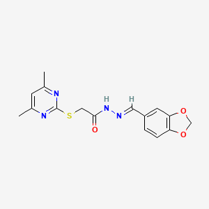 molecular formula C16H16N4O3S B5512547 N'-(1,3-苯并二氧杂环-5-亚甲基)-2-[(4,6-二甲基-2-嘧啶基)硫代]乙酰肼 