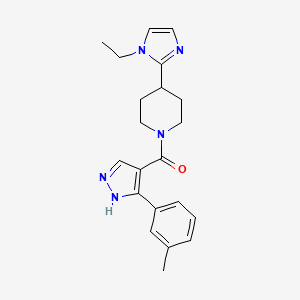 molecular formula C21H25N5O B5513573 4-(1-ethyl-1H-imidazol-2-yl)-1-{[3-(3-methylphenyl)-1H-pyrazol-4-yl]carbonyl}piperidine 