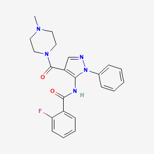 molecular formula C22H22FN5O2 B5514180 2-fluoro-N-{4-[(4-methyl-1-piperazinyl)carbonyl]-1-phenyl-1H-pyrazol-5-yl}benzamide 
