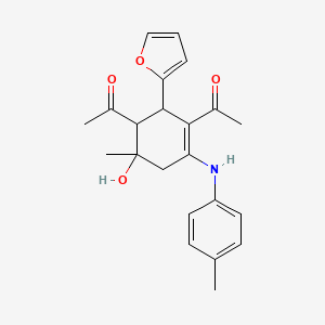 molecular formula C22H25NO4 B5518146 1,1'-{2-(2-furyl)-6-hydroxy-6-methyl-4-[(4-methylphenyl)amino]-3-cyclohexene-1,3-diyl}diethanone 