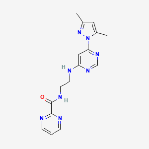 molecular formula C16H18N8O B5518614 N-(2-{[6-(3,5-dimethyl-1H-pyrazol-1-yl)-4-pyrimidinyl]amino}ethyl)-2-pyrimidinecarboxamide 