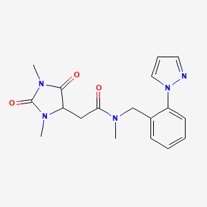 molecular formula C18H21N5O3 B5519348 2-(1,3-dimethyl-2,5-dioxo-4-imidazolidinyl)-N-methyl-N-[2-(1H-pyrazol-1-yl)benzyl]acetamide 