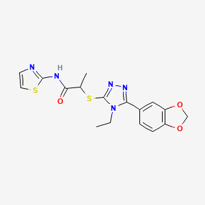 molecular formula C17H17N5O3S2 B5521156 2-{[5-(1,3-benzodioxol-5-yl)-4-ethyl-4H-1,2,4-triazol-3-yl]thio}-N-1,3-thiazol-2-ylpropanamide 