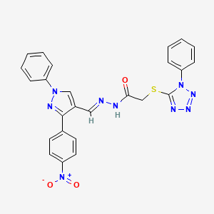 molecular formula C25H19N9O3S B5521808 N'-{[3-(4-nitrophenyl)-1-phenyl-1H-pyrazol-4-yl]methylene}-2-[(1-phenyl-1H-tetrazol-5-yl)thio]acetohydrazide 