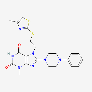 molecular formula C22H25N7O2S2 B5522757 3-methyl-7-{2-[(4-methyl-1,3-thiazol-2-yl)thio]ethyl}-8-(4-phenyl-1-piperazinyl)-3,7-dihydro-1H-purine-2,6-dione 