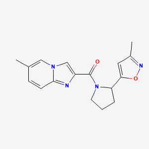 molecular formula C17H18N4O2 B5523568 6-methyl-2-{[2-(3-methyl-5-isoxazolyl)-1-pyrrolidinyl]carbonyl}imidazo[1,2-a]pyridine 