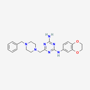 molecular formula C23H27N7O2 B5523575 6-[(4-benzylpiperazin-1-yl)methyl]-N-(2,3-dihydro-1,4-benzodioxin-6-yl)-1,3,5-triazine-2,4-diamine 
