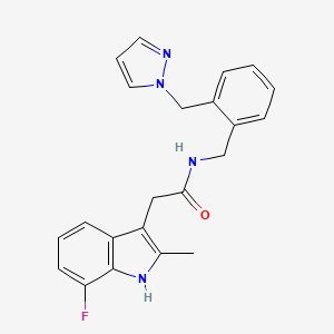 molecular formula C22H21FN4O B5526108 2-(7-fluoro-2-methyl-1H-indol-3-yl)-N-[2-(1H-pyrazol-1-ylmethyl)benzyl]acetamide 