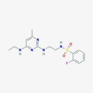 molecular formula C15H20FN5O2S B5526827 N-(2-{[4-(ethylamino)-6-methyl-2-pyrimidinyl]amino}ethyl)-2-fluorobenzenesulfonamide 