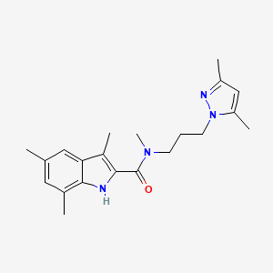 molecular formula C21H28N4O B5527196 N-[3-(3,5-二甲基-1H-吡唑-1-基)丙基]-N,3,5,7-四甲基-1H-吲哚-2-甲酰胺 