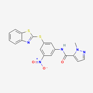 molecular formula C18H13N5O3S2 B5527384 N-[3-(1,3-benzothiazol-2-ylthio)-5-nitrophenyl]-1-methyl-1H-pyrazole-5-carboxamide 
