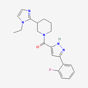 molecular formula C20H22FN5O B5528296 3-(1-ethyl-1H-imidazol-2-yl)-1-{[3-(2-fluorophenyl)-1H-pyrazol-5-yl]carbonyl}piperidine 
