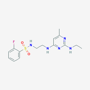 molecular formula C15H20FN5O2S B5530009 N-(2-{[2-(ethylamino)-6-methyl-4-pyrimidinyl]amino}ethyl)-2-fluorobenzenesulfonamide 