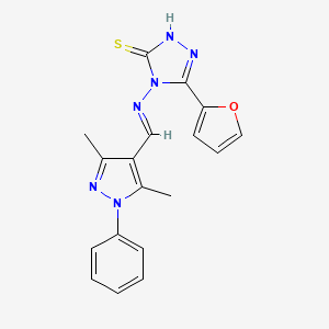 molecular formula C18H16N6OS B5530636 4-{[(3,5-dimethyl-1-phenyl-1H-pyrazol-4-yl)methylene]amino}-5-(2-furyl)-4H-1,2,4-triazole-3-thiol 
