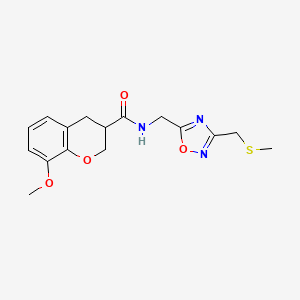 molecular formula C16H19N3O4S B5531632 8-methoxy-N-({3-[(methylthio)methyl]-1,2,4-oxadiazol-5-yl}methyl)-3-chromanecarboxamide 