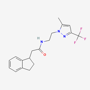 molecular formula C18H20F3N3O B5532697 2-(2,3-dihydro-1H-inden-1-yl)-N-{2-[5-methyl-3-(trifluoromethyl)-1H-pyrazol-1-yl]ethyl}acetamide 