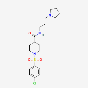 molecular formula C19H28ClN3O3S B5533022 1-[(4-chlorophenyl)sulfonyl]-N-[3-(1-pyrrolidinyl)propyl]-4-piperidinecarboxamide 