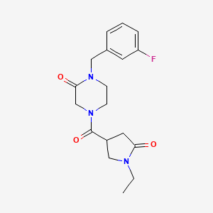 molecular formula C18H22FN3O3 B5535245 4-[(1-ethyl-5-oxo-3-pyrrolidinyl)carbonyl]-1-(3-fluorobenzyl)-2-piperazinone 