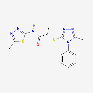 molecular formula C15H16N6OS2 B5536169 2-[(5-methyl-4-phenyl-4H-1,2,4-triazol-3-yl)thio]-N-(5-methyl-1,3,4-thiadiazol-2-yl)propanamide 