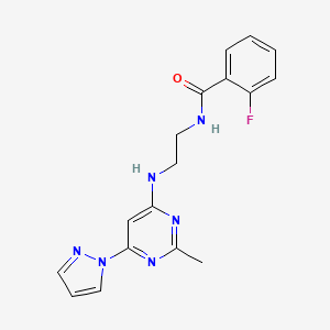 molecular formula C17H17FN6O B5537740 2-氟-N-(2-{[2-甲基-6-(1H-吡唑-1-基)-4-嘧啶基]氨基}乙基)苯甲酰胺 