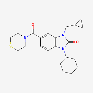 molecular formula C22H29N3O2S B5538108 1-cyclohexyl-3-(cyclopropylmethyl)-5-(thiomorpholin-4-ylcarbonyl)-1,3-dihydro-2H-benzimidazol-2-one 