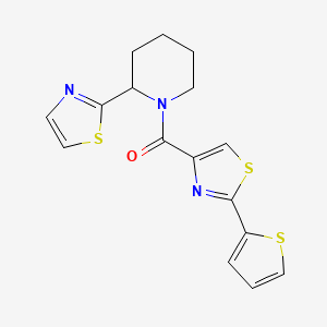 molecular formula C16H15N3OS3 B5538449 2-(1,3-thiazol-2-yl)-1-{[2-(2-thienyl)-1,3-thiazol-4-yl]carbonyl}piperidine 