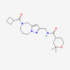 molecular formula C21H32N4O3 B5538531 N-{[5-(cyclobutylcarbonyl)-5,6,7,8-tetrahydro-4H-pyrazolo[1,5-a][1,4]diazepin-2-yl]methyl}-2,2-dimethyltetrahydro-2H-pyran-4-carboxamide 