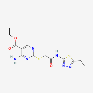 molecular formula C13H16N6O3S2 B5538821 ethyl 4-amino-2-({2-[(5-ethyl-1,3,4-thiadiazol-2-yl)amino]-2-oxoethyl}thio)-5-pyrimidinecarboxylate 