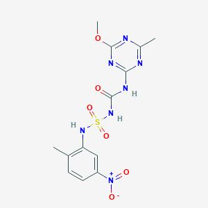 molecular formula C13H15N7O6S B5538887 N-{[(4-methoxy-6-methyl-1,3,5-triazin-2-yl)amino]carbonyl}-N'-(2-methyl-5-nitrophenyl)sulfamide 