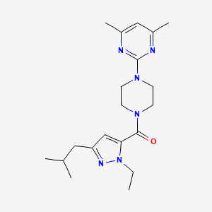 molecular formula C20H30N6O B5539887 2-{4-[(1-ethyl-3-isobutyl-1H-pyrazol-5-yl)carbonyl]-1-piperazinyl}-4,6-dimethylpyrimidine 