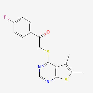 molecular formula C16H13FN2OS2 B5540690 2-[(5,6-二甲基噻吩并[2,3-d]嘧啶-4-基)硫代]-1-(4-氟苯基)乙酮 