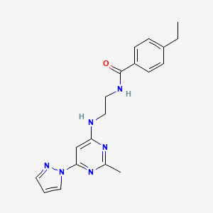 molecular formula C19H22N6O B5541082 4-ethyl-N-(2-{[2-methyl-6-(1H-pyrazol-1-yl)-4-pyrimidinyl]amino}ethyl)benzamide 