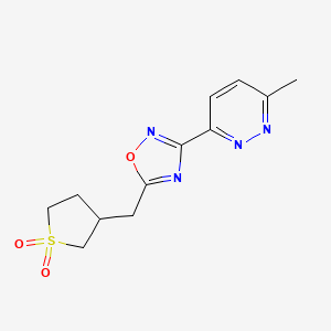 molecular formula C12H14N4O3S B5541144 3-{5-[(1,1-dioxidotetrahydro-3-thienyl)methyl]-1,2,4-oxadiazol-3-yl}-6-methylpyridazine 