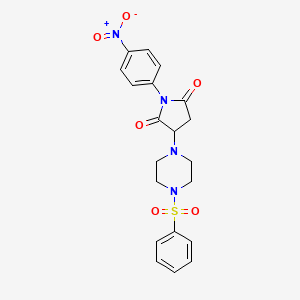 molecular formula C20H20N4O6S B5542614 1-(4-nitrophenyl)-3-[4-(phenylsulfonyl)-1-piperazinyl]-2,5-pyrrolidinedione 