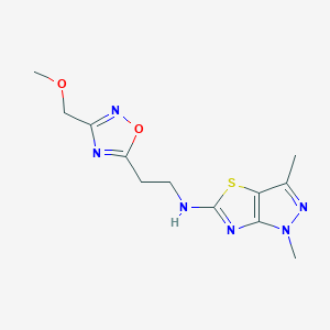 molecular formula C12H16N6O2S B5544202 N-{2-[3-(methoxymethyl)-1,2,4-oxadiazol-5-yl]ethyl}-1,3-dimethyl-1H-pyrazolo[3,4-d][1,3]thiazol-5-amine 