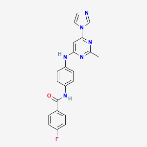 molecular formula C21H17FN6O B5544683 4-fluoro-N-(4-{[6-(1H-imidazol-1-yl)-2-methyl-4-pyrimidinyl]amino}phenyl)benzamide 