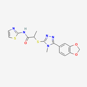 molecular formula C16H15N5O3S2 B5545172 2-{[5-(1,3-benzodioxol-5-yl)-4-methyl-4H-1,2,4-triazol-3-yl]thio}-N-1,3-thiazol-2-ylpropanamide 