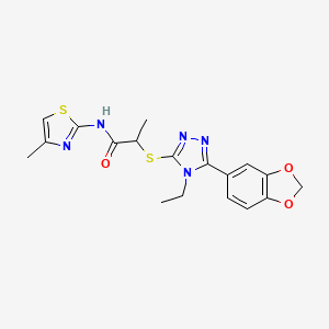 molecular formula C18H19N5O3S2 B5546116 2-{[5-(1,3-苯并二氧杂-5-基)-4-乙基-4H-1,2,4-三唑-3-基]硫代}-N-(4-甲基-1,3-噻唑-2-基)丙酰胺 