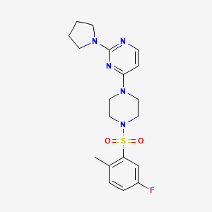 molecular formula C19H24FN5O2S B5546824 4-{4-[(5-氟-2-甲基苯基)磺酰基]-1-哌嗪基}-2-(1-吡咯烷基)嘧啶 