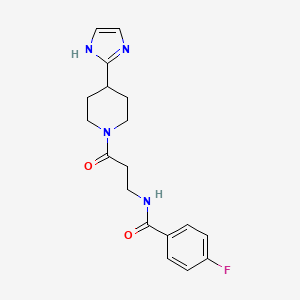 molecular formula C18H21FN4O2 B5547080 4-fluoro-N-{3-[4-(1H-imidazol-2-yl)-1-piperidinyl]-3-oxopropyl}benzamide 