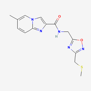 molecular formula C14H15N5O2S B5548934 6-methyl-N-({3-[(methylthio)methyl]-1,2,4-oxadiazol-5-yl}methyl)imidazo[1,2-a]pyridine-2-carboxamide 