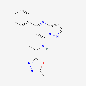 molecular formula C18H18N6O B5549381 2-methyl-N-[1-(5-methyl-1,3,4-oxadiazol-2-yl)ethyl]-5-phenylpyrazolo[1,5-a]pyrimidin-7-amine 