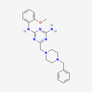 molecular formula C22H27N7O B5551254 6-[(4-苄基-1-哌嗪基)甲基]-N-(2-甲氧苯基)-1,3,5-三嗪-2,4-二胺 