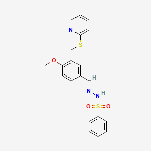 molecular formula C20H19N3O3S2 B5552494 N'-{4-methoxy-3-[(2-pyridinylthio)methyl]benzylidene}benzenesulfonohydrazide 