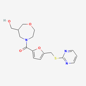 molecular formula C16H19N3O4S B5553241 (4-{5-[(pyrimidin-2-ylthio)methyl]-2-furoyl}-1,4-oxazepan-6-yl)methanol 